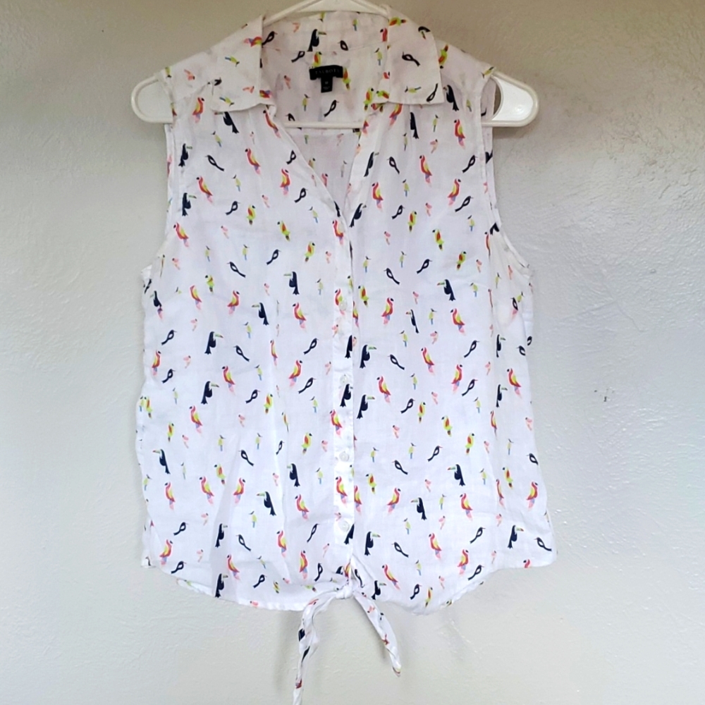 Talbots sleeveless tie front button down with tropical bird print
